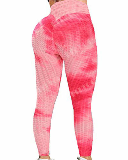 GetUSCart- FITTOO Women's High Waisted Honeycomb Ruched Butt Scrunched  Booty Leggings Workout Running Lift Textured Tights Dyed Pink X-Large