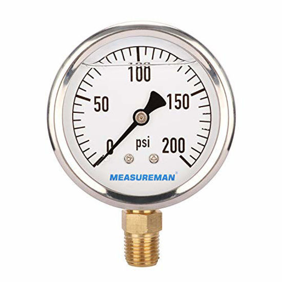 Picture of MEASUREMAN 2-1/2" Dial Size, Glycerin Filled Plumbing Pressure Gauge, 0-200psi, Stainless Steel Case, 1/4"NPT Lower Mount