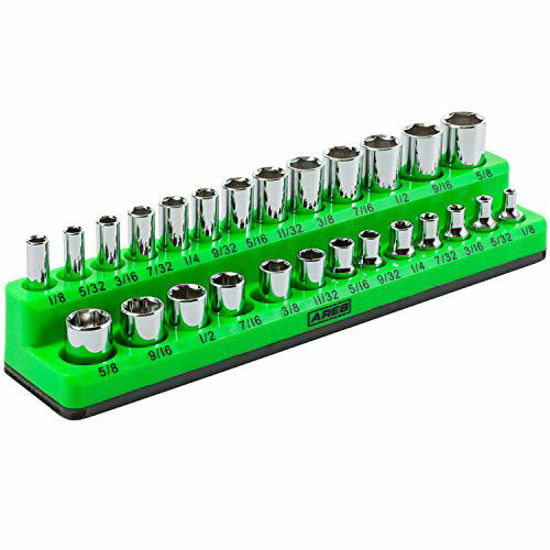 Picture of ARES 60005-26-Piece 1/4 in SAE Magnetic Socket Organizer -GREEN -Holds 13 Standard (Shallow) and 13 Deep Sockets -Perfect for your Tool Box -Also Available in RED