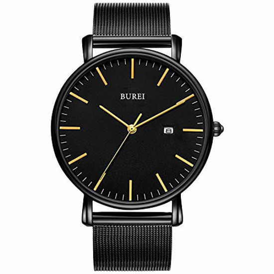 Picture of BUREI Men's Fashion Minimalist Wrist Watch Analog Black Dial with Stainless Steel Mesh Band