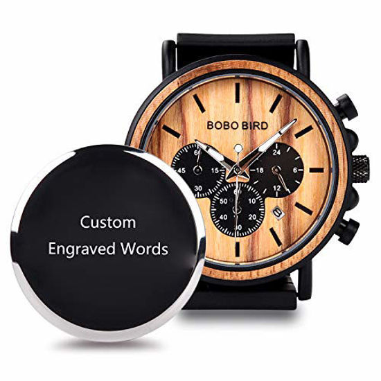 Picture of BOBO BIRD Mens Personalized Engraved Wooden Watches, Stylish Wood & Stainless Steel Combined Quartz Casual Wristwatches for Men Family Friends Customized Watch (Custom 1)