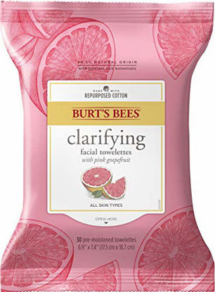Picture of Burts Bees Clarifying Facial Cleanser Towelettes and Makeup Remover Wipes with Pink Grapefruit, for All Skin Types, Made with Repurposed Cotton, 30 Count