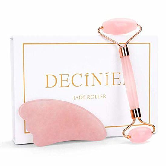 Picture of Deciniee Jade Roller and Gua Sha Tools Set - Anti Aging Rose Quartz Roller Massager - 100% Real Natural Jade Roller for Face, Eye, Neck - Beauty Jade Facial Roller for Slimming & Firming