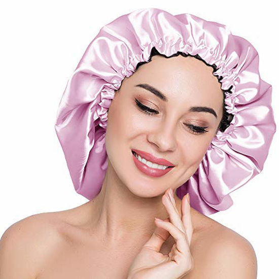 Picture of ELIHAIR Stain Bonnet Silky Sleep Cap Adjustable Satin Cap for Night Sleeping Hair Bonnet Reversible Double Layer X-Large Size Light Purple/Black