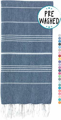 Picture of WETCAT Original Turkish Beach Towel (39 x 71) - Prewashed Peshtemal, 100% Cotton - Highly Absorbent, Quick Dry and Ultra-Soft - Washer-Safe, No Shrinkage - Stylish, Eco-Friendly - [Dark Blue]
