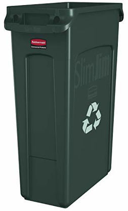 Picture of Rubbermaid Commercial Products Slim Jim Plastic Rectangular Recycling/Compost Bin with Venting Channels, 23 Gallon, Green Recycling (FG354007GRN)