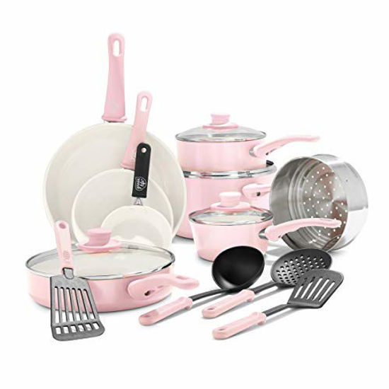 Picture of GreenLife Soft Grip Healthy Ceramic Nonstick, Cookware Pots and Pans Set, 16 Piece, Pink