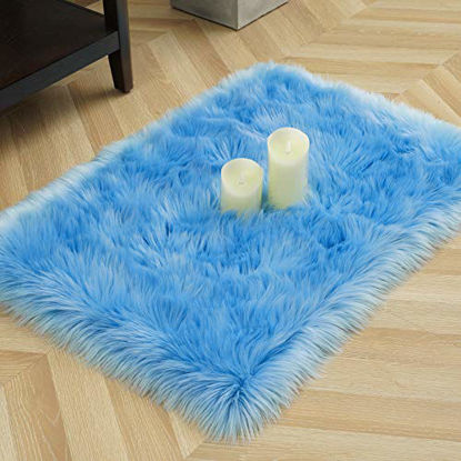 Picture of LOCHAS Ultra Soft Fluffy Rugs Faux Fur Sheepskin Area Rug for Bedroom Bedside Living Room Carpet Nursery Washable Floor Mat, 2x3 Feet Spa Blue