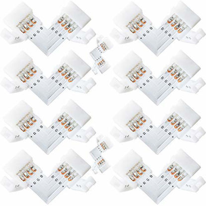 Picture of L Shape 4-Pin LED Connectors 10-Pack JACKYLED 10mm Wide Right Angle Corner Solderless Adapter Connector Terminal Extension with 22Pcs Clip Connectors for 3528/5050 SMD RGB 4 Conductor LED Light Strips