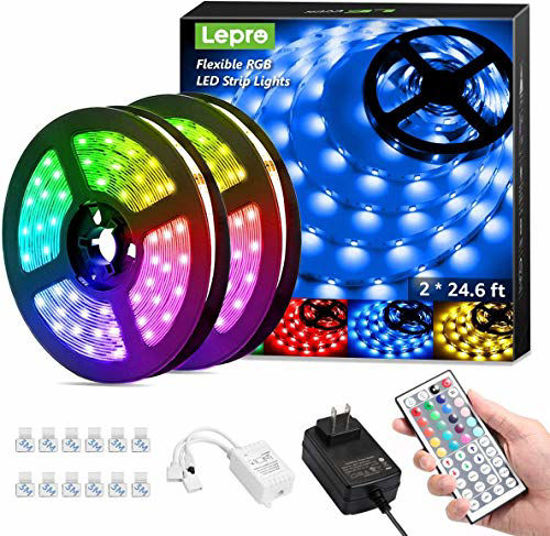 Picture of Lepro 50ft LED Strip Lights, Ultra-Long RGB 5050 LED Strips with Remote Controller and Fixing Clips, Color Changing Tape Light with 12V ETL Listed Adapter for Bedroom, Room, Kitchen, Bar(2 X 24.6FT)