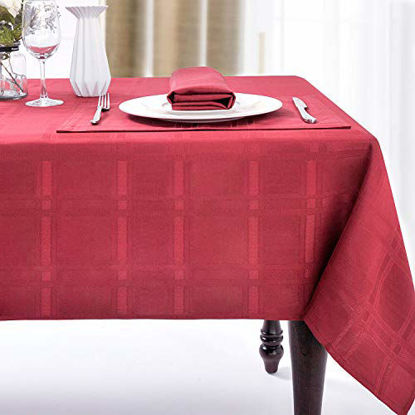 Picture of JUCFHY Christmas Soild Plaid Jacquard Table Cloth Elegance Wrinkle Resistant Contemporary Woven Decorative Washable Tablecloths, Spillproof Soil Resistant Holiday Table Cover, 60 X 104, Wine Red