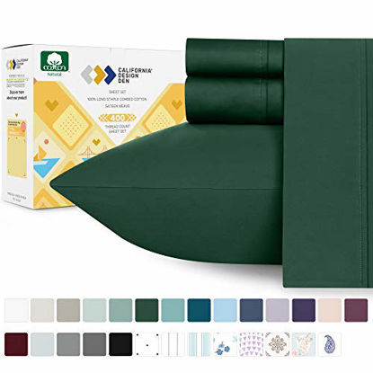 Picture of California Design Den Natural Cotton Hunter Green Sheets - 4 Piece King Size Sheet Set, 400 Thread Count Breathable Sateen Weave, Elasticized Deep Pocket Fits Low Profile Foam and Tall Mattresses