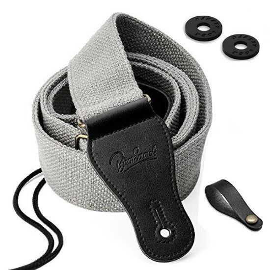 Picture of BestSounds Guitar Strap 100% Soft Cotton & Genuine Leather Ends Guitar Shoulder Strap for Acoustic Guitar, Electric Guitar, Bass & Mandolins (Grey)