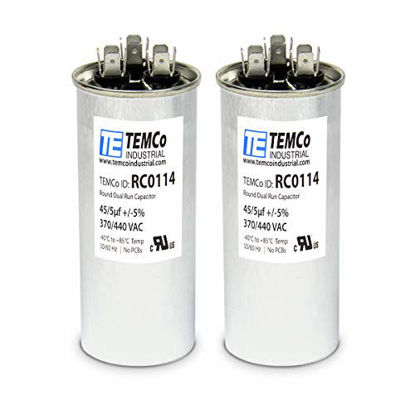 Picture of TEMCo 45+5 uf/MFD 370-440 VAC Volts Round Dual Run Capacitor 50/60 Hz AC Electric - Lot -2