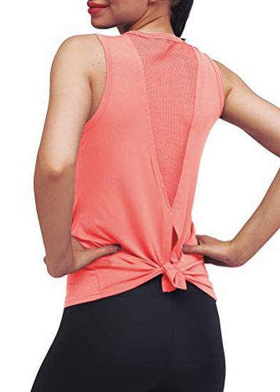Picture of Mippo Summer Workout Tops for Women Summer Open Back Yoga Shirts Cute Fitness Workout Tank Stretchy Sports Gym Winter Clothes Tie Back Running Racerback Tank Tops with Mesh Peach Red XS