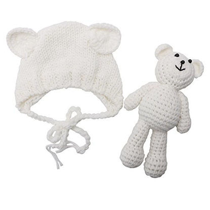 Picture of ECYC Newborn Baby Bear Hat Beanie with Bear Dolls Photography Accessories,White