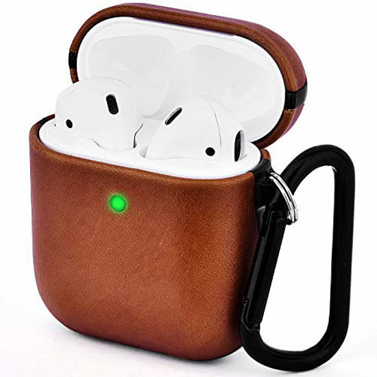 Picture of V-MORO Compatible with Airpods Case, Genuine Leather Airpod Case for Airpods 2 & 1 [Front LED Visible] Protective Cover Skin Brown