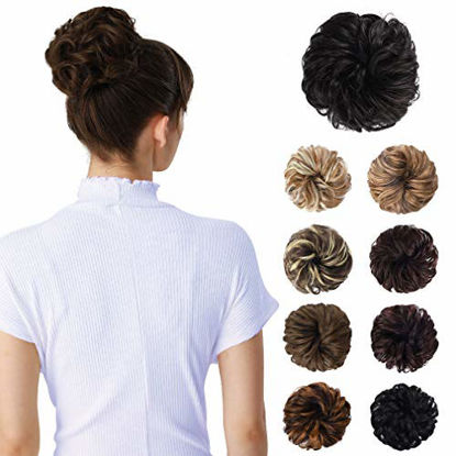 Picture of Messy Bun Hair Piece, HOOJIH Tousled Updo Hair Extensions Hair Bun Curly Wavy Ponytail Hair Piece Hair Scrunchies with Elastic Band for Women Girls 1PCS - Dark Brown 4/4k