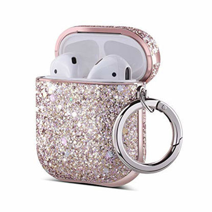 Picture of ULAK AirPods Case, Luxury Glitter Leather with Mirror Surface Plating Hard Cover,Shockproof Protective AirPod Accessories with Keychain for Apple AirPod Charging Case 2 & 1(LED Visible)(Pink Glitter)
