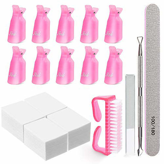 Picture of Gel Nail Polish Remover Tools Kit,MORGLES 10pcs Nail Polish Remover Clips Caps 300pcs Nail Wipe Cotton Pads Nail Files Grits 100/180 Nano Glass Nail Shiner Triangle Cuticle Pusher Nail Brush-Pink