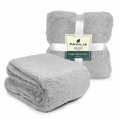 Picture of PAVILIA Luxury Sherpa Twin Size Bed Blanket | Fluffy, Plush, Shaggy, Large Grey Throw for Couch, Sofa | Soft, Lightweight, Microfiber | Light Gray Bedding Blanket | 60 x 80 Inches