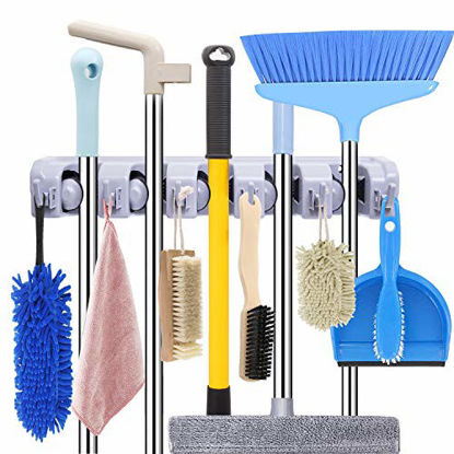 Picture of HYRIXDIRECT Mop and Broom Holder Wall Mount Heavy Duty Broom Holder Wall Mounted Broom Organizer Home Garden Garage Storage Rack 5 Position with 6 Hooks (Grey)