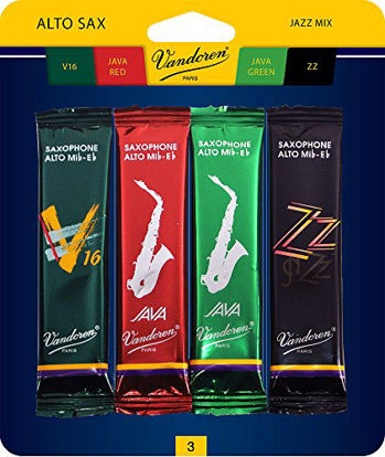 Picture of Vandoren SRMIXA3 Alto Sax Jazz Reed Mix Card includes 1 each ZZ, V16, JAVA and JAVA Red Strength 3