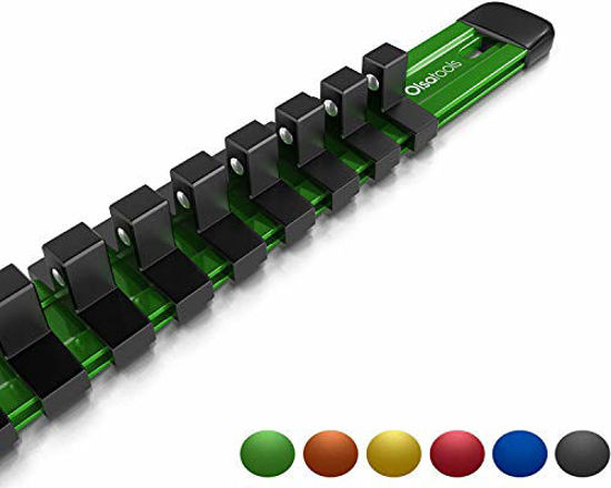Olsa Tools | Portable Socket Organizer Tray | Black Rails with Green Clips | 80