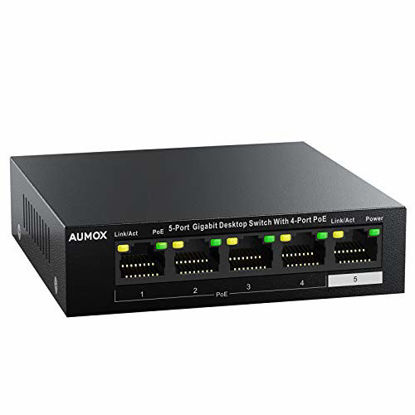 Picture of Aumox 5 Port Gigabit Ethernet PoE Switch, 4 Port PoE 58W, Unmanaged, Durable Metal Casing, Desktop, Traffic Optimization, Fanless, Plug and Play (SG105POE)