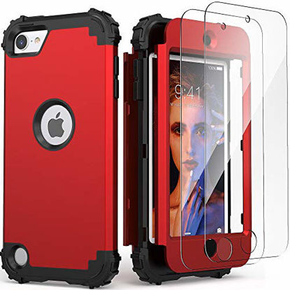 Picture of iPod Touch 7th Generation Case with 2 Screen Protectors, IDweel Hybrid 3 in 1 Shockproof Slim Heavy Duty Hard PC Cover Soft Silicone Rugged Bumper Full Body Case for iPod Touch 5/6/7th Gen, Red