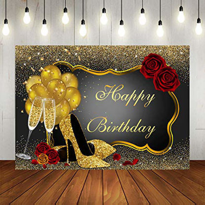Picture of Glitter Gold Happy Birthday Backdrop Red Rose Floral Golden Balloons Heels Champagne Glass Background for Women Birthday Party Decorations Birthday Party Supplies 7x5ft Vinyl