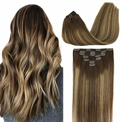 Picture of GOO GOO Human Hair Extensions Clip in Ombre Chocolate Brown to Honey Blonde 16 Inch 120g 7pcs Remy Clip in Hair Extensions Straight Thick Remy Hair Extensions