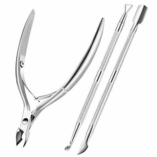 Picture of Cuticle Trimmer with Cuticle Pusher, XUNXMAS Cuticle Remover Cutter Nipper Scissor and Triangle Cuticle Nail Pusher Peeler Scraper, Durable Dead Skin Clipper Manicure Pedicure Tools (Silver)