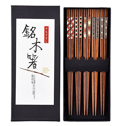 Picture of Antner Handmade Japanese Chopsticks Reusable Natural Wooden Chopstick with Box, 5 Pairs Gift Set