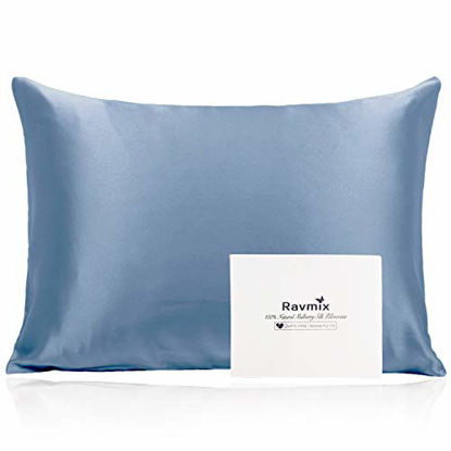 Picture of Ravmix 100% Mulberry Silk Pillowcase for Hair and Skin Standard Size with Hidden Zipper Both Sides 21 Momme 600TC Hypoallergenic Soft Breathable Silk, 20×26inch, 1pcs, Flint Blue