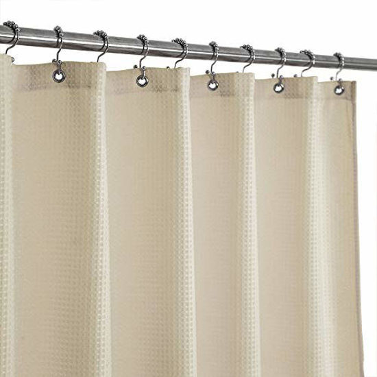 Picture of Extra Long Fabric Waffle Weave Shower Curtain 84 inch Height, Hotel Luxury Spa, Water Repellent, 230gsm Heavy Duty, Machine Washable, Cream Pique Pattern, 71x84