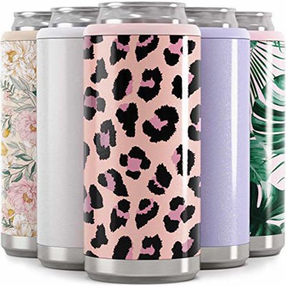 Picture of Maars Skinny Can Cooler for Slim Beer & Hard Seltzer | Stainless Steel 12oz Koozy Sleeve, Double Wall Vacuum Insulated Drink Holder - Blush Leopard