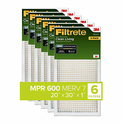 Picture of Filtrete 20x30x1, AC Furnace Air Filter, MPR 600, Clean Living Dust Reduction, 6-Pack (exact dimensions 19.81 x 29.81 x 0.81)