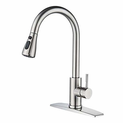 Picture of FORIOUS Kitchen Faucet with Pull Down Sprayer Brushed Nickel, High Arc Single Handle Kitchen Sink Faucet with Deck Plate, Commercial Modern rv Stainless Steel Kitchen Faucets, Grifos De Cocina