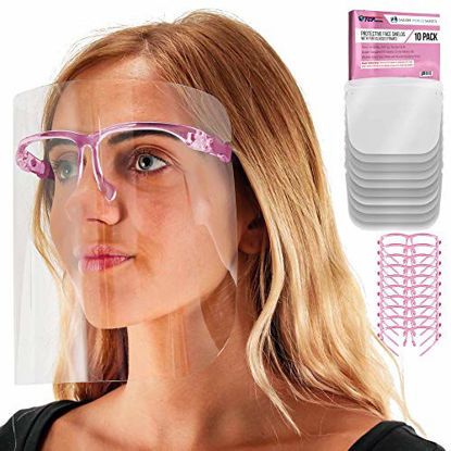 Picture of TCP Global Salon World Safety Face Shields with Pink Glasses Frames (Pack of 10) - Ultra Clear Protective Full Face Shields to Protect Eyes, Nose, Mouth - Anti-Fog PET Plastic, Goggles