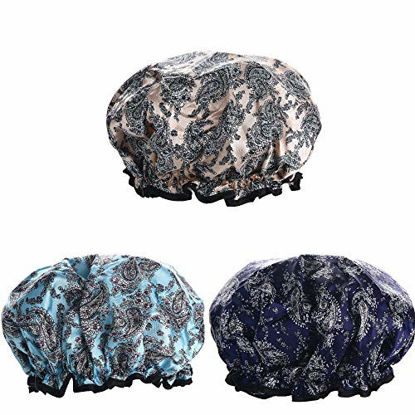 Picture of Waterproof Shower Cap 3 PACK, Double Layers Bath Cap with Adjustable Elastic Band, Stylish Shower Cap for Women Long Thick Hair (Multi-colored 1)