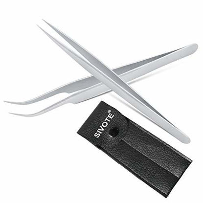 Picture of Sivote Eyelash Tweezers, 2-Pack, Hand Calibrated Straight and Curved Tips, Stainless Steel Lash Tweezers for Eyelash Extensions, Matte Silver