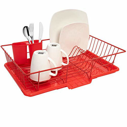 Picture of Sweet Home Collection 3 Piece Dish Drainer Rack Set with Drying Board and Utensil Holder, 12" x 19" x 5", Red