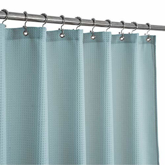 Picture of Stall Shower Curtain Fabric 36 x 72 Inch, Waffle Weave, Hotel Luxury Spa, 230 GSM Heavy Duty, Water Repellent, Blue Pique Pattern Decorative Bathroom Curtain