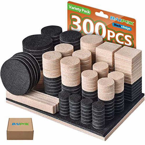 Picture of Furniture Pads 300 Pcs Furniture Felt Pads Two Colors (Black 130 + Beige 110), Various Sizes Self Adhesive Felt Pads, Anti Scratch Floor Protector for Furniture Legs Hard Floor with 60 Cabinet Bumpers