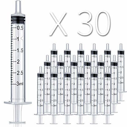 Picture of 30 Pack 3ml Plastic Syringe, Individually Wrapped, for Science Labs, Liquid Measuring, Watering, Refilling, Oral, Medicine Student, Feed Small Pets, Oil or Glue Applicator
