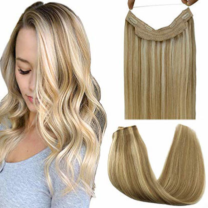 Picture of GOO GOO Real Hair Extensions Halo Hair Ombre Light Blonde Highlighted Golden Blonde 100g Remy Human Hair Extensions Flip in Hidden Crown Wire Hair Extensions Invisible Hairpiece 20 Inch