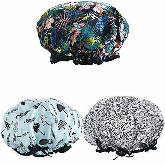 Picture of Shower Caps, 3 PACK Bath Cap for Women Waterproof & Adjustable Double Layered Shower Cap (Multi-colored8)