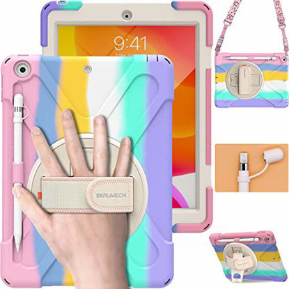 Picture of BRAECN iPad Case 8th Generation 10.2 Inch, Heavy Duty Kids Case with Pencil Holder Screen Protector Pencil Cap Holder Hand Strap Carrying Strap Kickstand for iPad 8th 7th Gen 10.2 2020 2019 -Rainbow