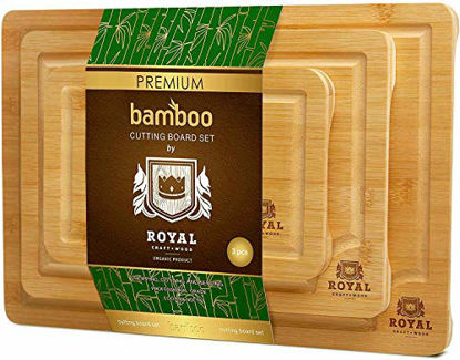 Picture of Bamboo Cutting Board with Juice Groove (3-Piece Set) - Kitchen Chopping Board for Meat (Butcher Block) Cheese and Vegetables | Heavy Duty Serving Tray w/Handles